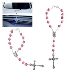 smilfuy 2PCS Car Rosary for Rearview Mirror, Pink Rosary Pendant Car Interior Rear View Mirror Charm Auto Decors, Car Medal and Cross Personalized Hanging Accessories for Women Men (Rose)