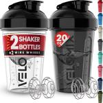 VELOMIX -2 Pack- 20 oz Protein Shaker Bottles for Protein Mixes - 2x Wire Whisk | Leak Proof Shaker Cups for Protein Shakes and Pre Workout | Protein Shaker Bottle Pack