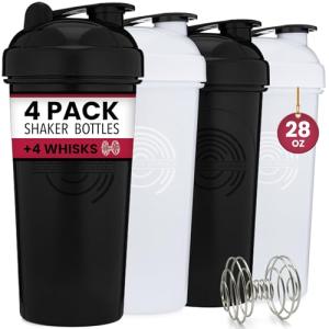 GOMOYO 4-Pack - 28 Ounce Protein Shaker Bottle for Mixes, 4xWire Whisk, Leak Proof Bulk Supplement Mixes and Pre-Workout Shaker Cups, Dishwasher Safe & BPA Free, Black & White