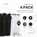 GOMOYO 4-Pack - 28 Ounce Protein Shaker Bottle for Mixes, 4xWire Whisk, Leak Proof Bulk Supplement Mixes and Pre-Workout Shaker Cups, Dishwasher Safe & BPA Free, Black & White