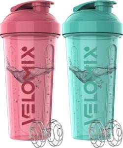 VELOMIX -2 Pack- 28 oz Protein Shaker Bottles for Protein Mixes - 2x Wire Whisk | Leak Proof Shaker Cups for Protein Shakes | Protein Shaker Bottle Pack (Pink/Turquoise)