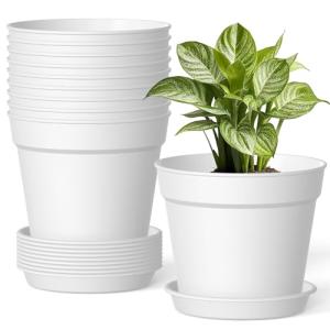 SwinDuck 10 Pack 6 Inch Plant Pots with Drainage and Saucers, White Plastic Flower Pots for Indoor and Outdoor Plants, Stackable Nursery Planters for Houseplants and Herbs, White