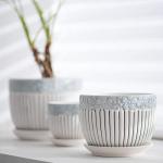 Ton Sin Grey Flower Pots,Texture Planter for Indoor Plants Set of 3 Ceramic Flower Pots with Saucer,Cute Garden Pots Succulent Pots（3 Pack,Grey