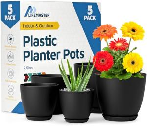 Lifemaster Plant Pots with Multi Drainage Holes - 5 Pieces Versatile, Sturdy Plastic, Stackable Design Home Decor Flower Pots for Indoor and Outdoor Gardening - Black