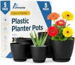 Lifemaster Plant Pots with Multi Drainage Holes - 5 Pieces Versatile, Sturdy Plastic, Stackable Design Home Decor Flower Pots for Indoor and Outdoor Gardening - Black