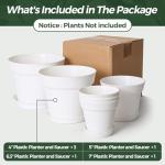 T4U Plant Pots 4/5/6/7 Inches Set of 6, Flower Pots for Indoor Plants, Plastic Pots for Plants with Mesh Drainage Hole and Saucer, Planter for Indoor Plants Cactus Succulent White