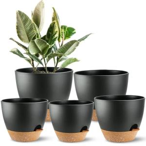 SE SUN-E Self Watering Plants Pot with Drainage Hole, Flower Plants Pots for Indoor & Outdoor, Black Plastic Self Watering Planters Succulent Pot 5pcs/Set