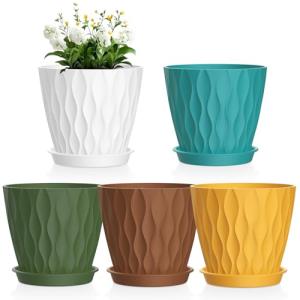 Meowell 6 inch Plant Pots, 5 Pack Water Ripple Flower Pots for Indoor Outdoor Plants, Plastic Planters with Drainage Holes and Saucers, Nursery Pots for Small Succulent Garden House Plants, Multicolor