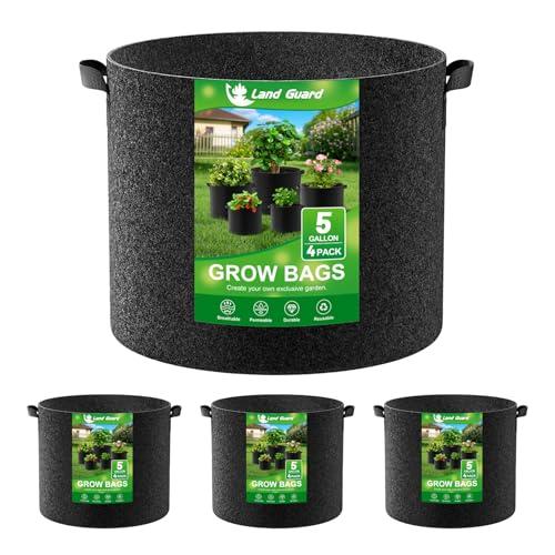 Land Guard 4-Pack Fabric Grow Bags 5 Gallon, Thickened Nonwoven Garden Pots, Growing Bags with Handles, Black