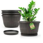 Quarut 10 inch Plastic Flower Pots for Indoor Plants，4 Pack Large Outdoor Planter Pot with Drainage Holes & Saucers，Imitation Wine Barrel Design，for Indoor Outdoor Garden Plants（Brown）