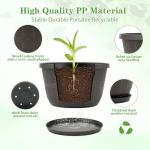 Quarut 10 inch Plastic Flower Pots for Indoor Plants，4 Pack Large Outdoor Planter Pot with Drainage Holes & Saucers，Imitation Wine Barrel Design，for Indoor Outdoor Garden Plants（Brown）