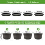 Quarut 10 inch Plastic Flower Pots for Indoor Plants，4 Pack Large Outdoor Planter Pot with Drainage Holes & Saucers，Imitation Wine Barrel Design，for Indoor Outdoor Garden Plants（Brown）