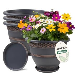 Usocik 10 Inch 4 Pack Large Plant Pots, Plastic Flower Pot for Indoor & Outdoor with Drainage Holes & Saucer, Plaid Pattern Planters Garden Pots for Herbs