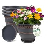 Usocik 10 Inch 4 Pack Large Plant Pots, Plastic Flower Pot for Indoor & Outdoor with Drainage Holes & Saucer, Plaid Pattern Planters Garden Pots for Herbs