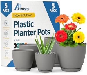 Planter Pots with Drainage Holes - Lightweight, Durable & Space-Saving Pots for Indoor and Outdoor - Versatile Functionality, Simple Modern Design, Set of 5 Plastic Planter Pots - Gray