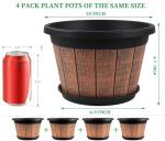 Quarut 4 Pack 10 inch Plant Pots,Upgrade Whiskey Barrel Planters with Drainage Holes & Saucer,Plastic Decoration Flower Pots Retro Design,Planters for Outdoor Indoor Garden Home Plants (Brown)