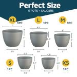Planter Pots with Drainage Holes - Lightweight, Durable & Space-Saving Pots for Indoor and Outdoor - Versatile Functionality, Simple Modern Design, Set of 5 Plastic Planter Pots - Gray