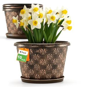 10 Inch Planter Pots for Plants, 4 Pack Plastic Large Flower Pots Indoor Outdoor, Resin Plant Pot with Drainage & Saucer, Retro Decorative Garden Pot with Removable Trays for House