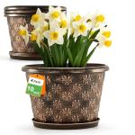 10 Inch Planter Pots for Plants, 4 Pack Plastic Large Flower Pots Indoor Outdoor, Resin Plant Pot with Drainage & Saucer, Retro Decorative Garden Pot with Removable Trays for House