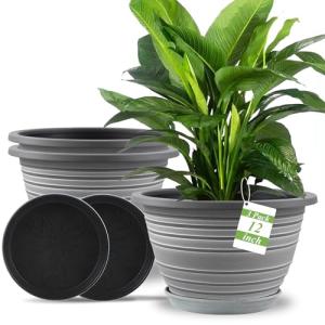 KPUVX Large-Planter-Indoor-Outdoor Plant Pots, 12 inch 3 Pack Plastic Flower Pots with Saucer and Drainage Holes, Retro Antique Imitation Decorative Garden Containers Sets for Houseplant