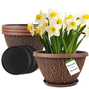 Nooulap 4 Pack 10 Inch Plant Pot, Flower Pots Outdoor with Drainage Hole & Tray, Thickened Plastic Planters for Indoor Outdoor Plants, Lightweight Modern Decorative Garden Pot with Saucer