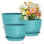 Meowell Large Plant Pots 12/10/9 inch, 3 Pack Big Flower Pots for Outdoor Indoor Plants with Water Ripples, Wide Plastic Planters with Drainage Holes and Saucers for Garden Home Decor, Blue Green