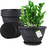Nooulap 4 Pack 10 Inch Plant Pot for Outdoor Indoor, Plastic Flower Pots with Drainage Hole & Saucer, Lightweight Small Resin Flower Pot, Imitation Magnolia Pots for Garden House Planters（Gray）