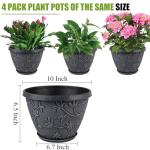 Nooulap 4 Pack 10 Inch Plant Pot for Outdoor Indoor, Plastic Flower Pots with Drainage Hole & Saucer, Lightweight Small Resin Flower Pot, Imitation Magnolia Pots for Garden House Planters（Gray）