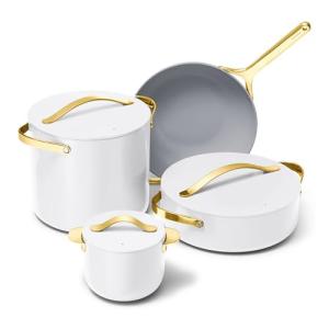Caraway Cookware+ Collection - Specialty Cookware Set - Petite Cooker, Stir Fry Pan, Rondeau, & Stock Pot - 3 Lids & Storage Organizer Included - White