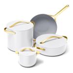 Caraway Cookware+ Collection - Specialty Cookware Set - Petite Cooker, Stir Fry Pan, Rondeau, & Stock Pot - 3 Lids & Storage Organizer Included - White