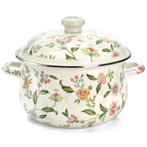 Jucoan 5 Quart Enamel Stockpot with Lid, Green Floral Enamelware Simmer Pot Cooking Pot with Dual Handles for Stovetop, Large Soup Pot Gift for Wedding Housewarming Bridal Shower