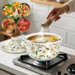 Jucoan 5 Quart Enamel Stockpot with Lid, Green Floral Enamelware Simmer Pot Cooking Pot with Dual Handles for Stovetop, Large Soup Pot Gift for Wedding Housewarming Bridal Shower