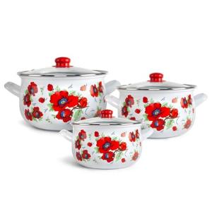 Enamel Belly Deep Stock Pot Set with Tempered Glass Lids Set of 3 Enameled Aluminum Soup Pot 2.2 Qt; 4 Qt; 6.55 Qt Enamel Deep Casseroles,Cooking Pots Camping Stock Pot for Cooking (Poppies)
