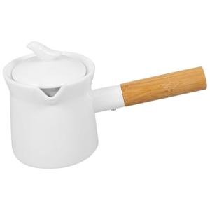 PATKAW Enamel Milk Pan Small Saucepan Enamelware Butter Warmer Mini Cooking Pot with Wooden Handle Lid for Heating Melting Boiling 350ml White