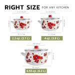 Enamel Belly Deep Stock Pot Set with Tempered Glass Lids Set of 3 Enameled Aluminum Soup Pot 2.2 Qt; 4 Qt; 6.55 Qt Enamel Deep Casseroles,Cooking Pots Camping Stock Pot for Cooking (Poppies)
