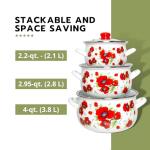 Enamel Belly Deep Stock Pot Set with Tempered Glass Lids Set of 3 Enameled Aluminum Soup Pot 2.2 Qt; 4 Qt; 6.55 Qt Enamel Deep Casseroles,Cooking Pots Camping Stock Pot for Cooking (Poppies)