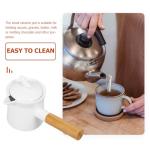 PATKAW Enamel Milk Pan Small Saucepan Enamelware Butter Warmer Mini Cooking Pot with Wooden Handle Lid for Heating Melting Boiling 350ml White