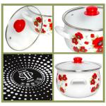 Enamel Belly Deep Stock Pot Set with Tempered Glass Lids Set of 3 Enameled Aluminum Soup Pot 2.2 Qt; 4 Qt; 6.55 Qt Enamel Deep Casseroles,Cooking Pots Camping Stock Pot for Cooking (Poppies)