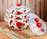 Enamel Belly Deep Stock Pot Set with Tempered Glass Lids Set of 3 Enameled Aluminum Soup Pot 2.2 Qt; 4 Qt; 6.55 Qt Enamel Deep Casseroles,Cooking Pots Camping Stock Pot for Cooking (Poppies)