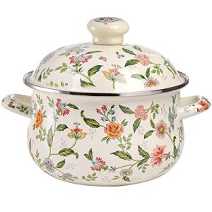 Jucoan 2.8 Quart Vintage Enamel Cooking Pot with Lid, Green Floral Enamelware Simmer Pot Saucepan with Dual Handles for Gas Electric Stovetop, Soup Bowl Gift for Housewarming Wedding Bridal Shower