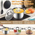 AOSION 6 Quart Stainless Steel Stockpot, Large Stock Pot with Lid for Cooking, Induction Cooking Pot for All Stoves, Dishwasher Safe, Stockpot with Silicone Trivet Mat, Steamer Rack, Spaghetti Fork