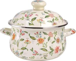OLYTARU Enamel Stockpot with Lid,Simmer Pot,Flower Enamel Stockpot with Lid,Stockpots for Cooking（3L,growing）