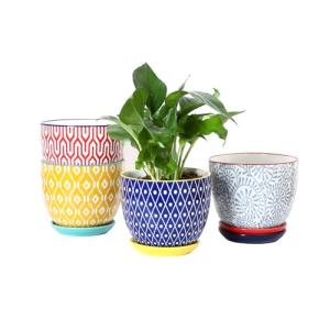 Selamica Ceramic Plant Pots, 5.6 Inch Flower Pots for Indoor Plants, Planters with Drainage Hole and Saucer, Garden Pots for Succulent, Orchid, Home Decor, Set of 4, Assorted Colors
