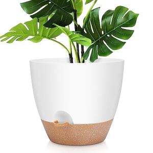 YNNICO 12 Inch Large Self Watering Plant Pot Set, Flower Pots with Multi-Mesh Drainage Holes and Saucer, Suitable for Indoor and Outdoor Garden Plants, White.