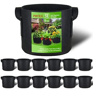 PHYEX 12-Pack 5 Gallon Grow Bags, Heavy Duty Fabric Pots with Handles, Reusable Plant Bags for Vegetable, Herbs & Flowers, BPA-Free, Breathable, Durable