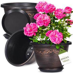 Plastic-Plant-Flower-Planters-10 Inch with Drainage Hole & Saucer, 3 Packs Lightweight Small Resin Flower Pot Indoor Outdoor, Retro Antique Imitation Decorative Garden Containers Sets for Houseplants