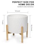 LaDoVita Ceramic Plant Pot with Stand, 10 Inch Planter with Wood Shelf, Modern Round Flower Pots Indoor with Wood Planter Holder, White Water Ripple Pattern