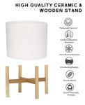 LaDoVita Ceramic Plant Pot with Stand, 10 Inch Planter with Wood Shelf, Modern Round Flower Pots Indoor with Wood Planter Holder, White Water Ripple Pattern