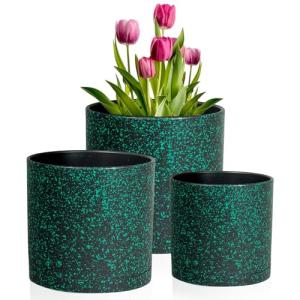 Meowell 8/7/6 inch Plant Pots, 3 Pack Cylindrical Flower Pots for Outdoor Indoor Plants, Decorative Plastic Planters with Drainage Holes and Saucers for Garden House Plants, Black with Green Speckles