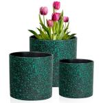 Meowell 8/7/6 inch Plant Pots, 3 Pack Cylindrical Flower Pots for Outdoor Indoor Plants, Decorative Plastic Planters with Drainage Holes and Saucers for Garden House Plants, Black with Green Speckles